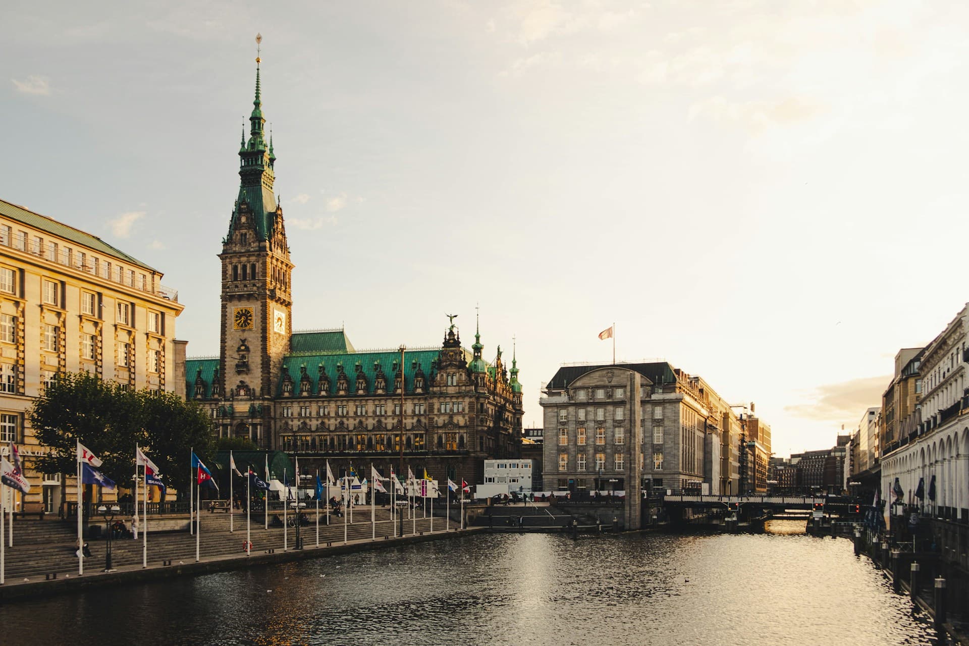 Hamburg town hall at sunset