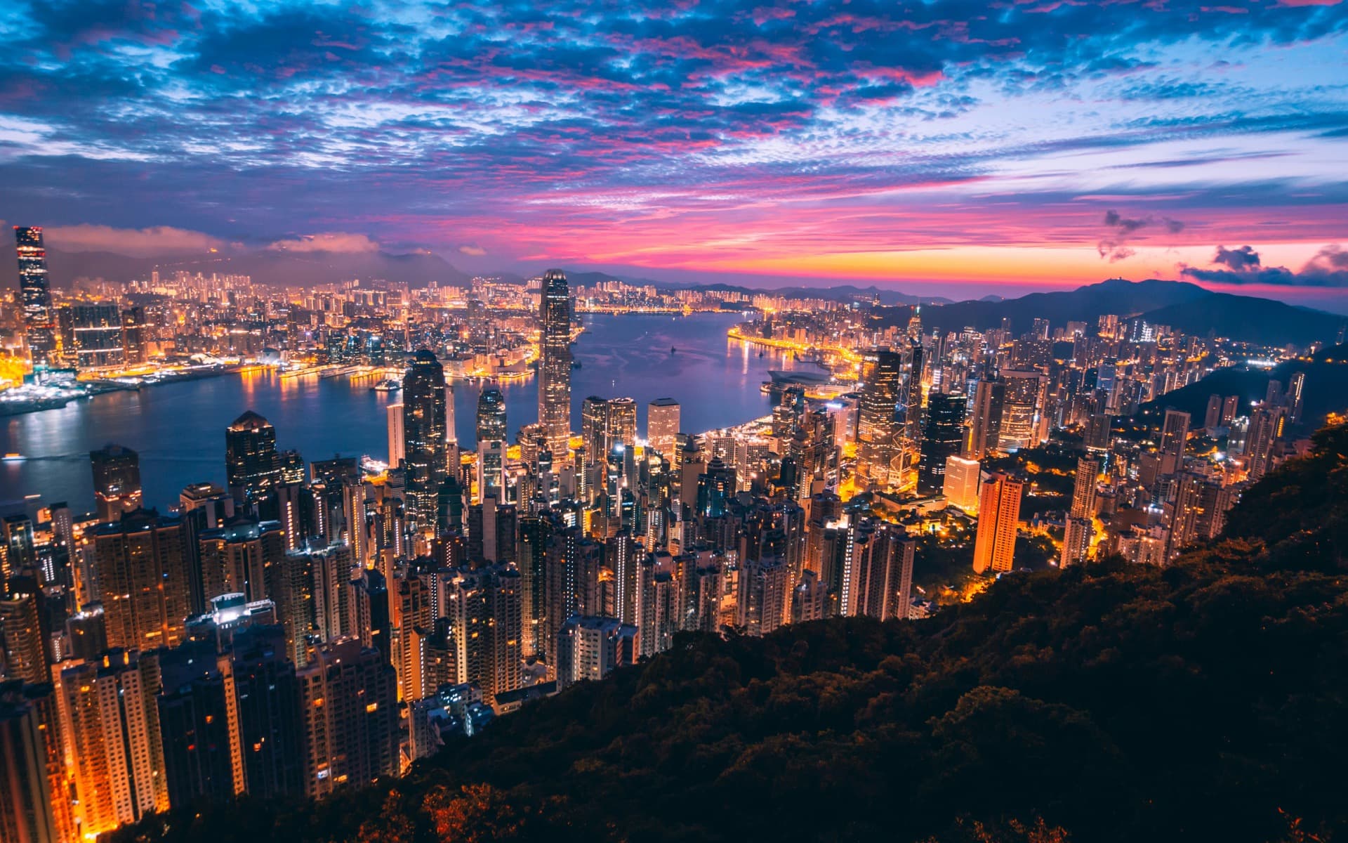 Hong Kong Victoria Harbour skyline at night