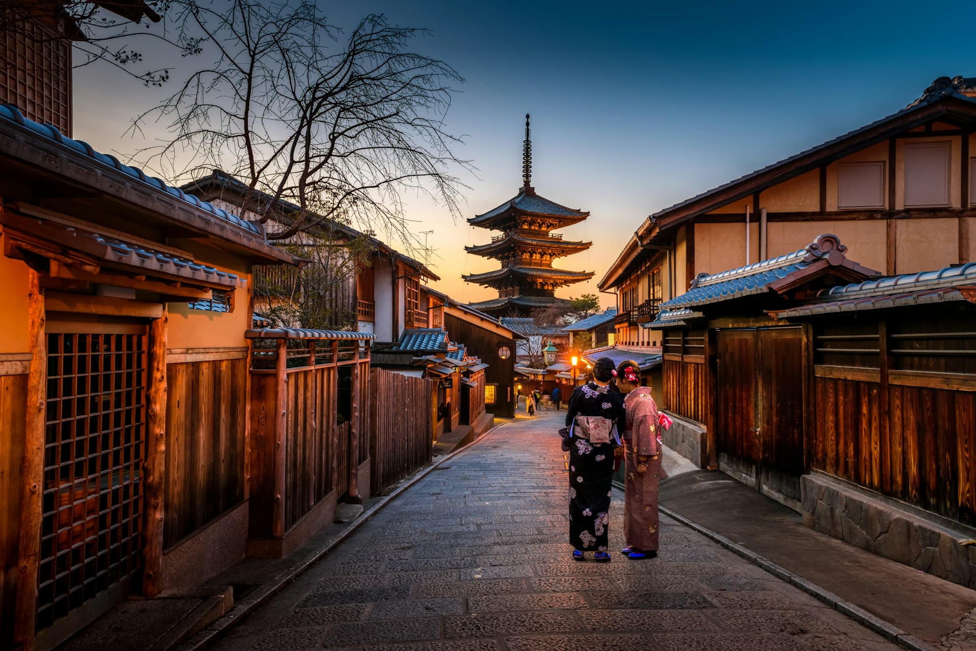 Kyoto traditional street with women in kimono