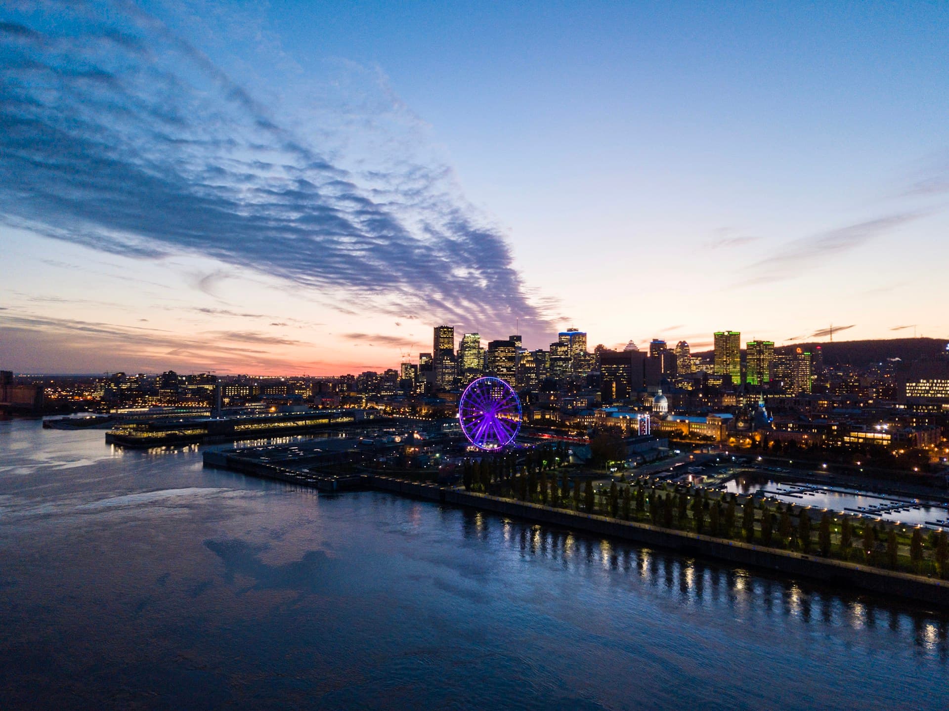 Montreal aerial view with water and city skyline