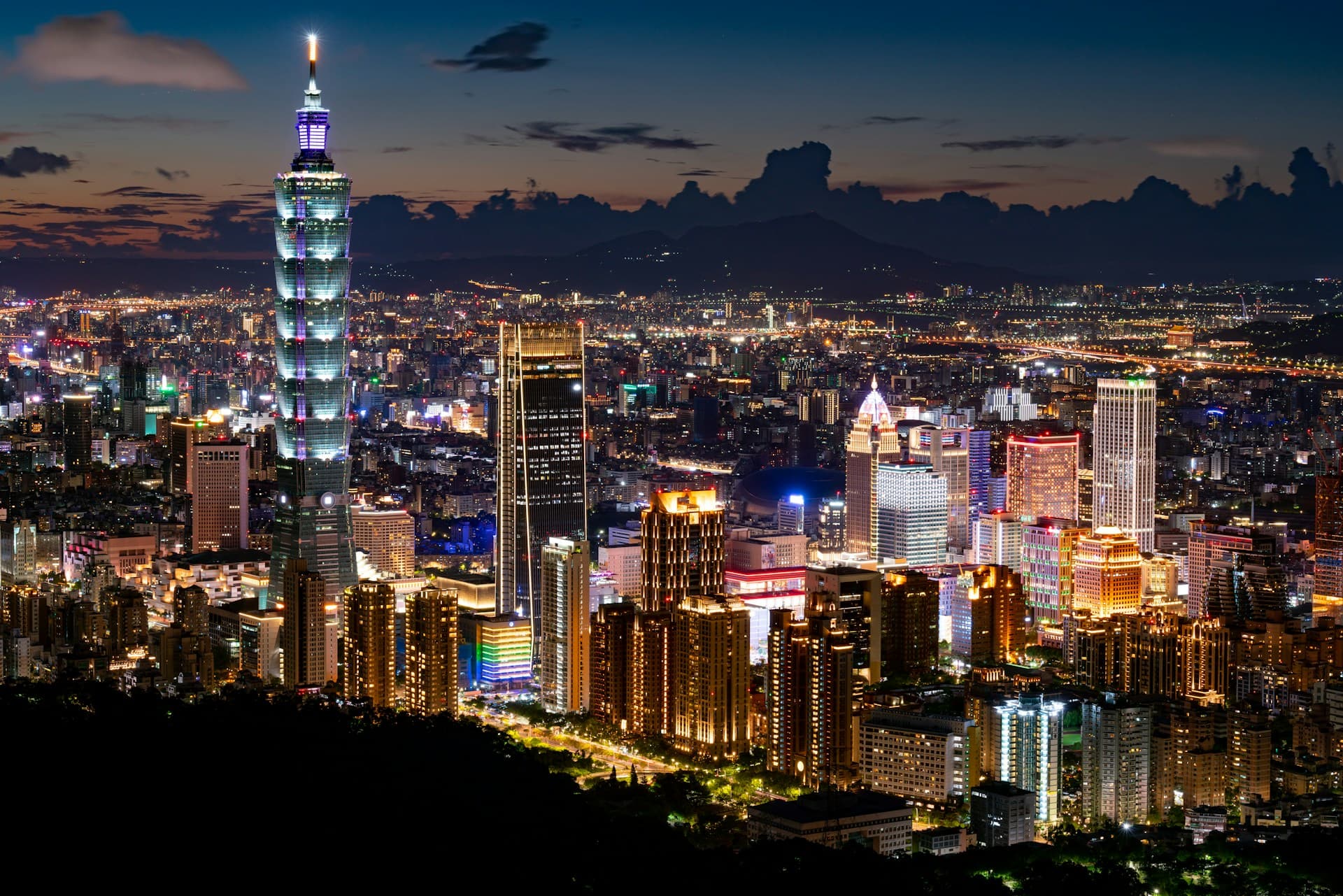 Taipei 101 and city skyline at night