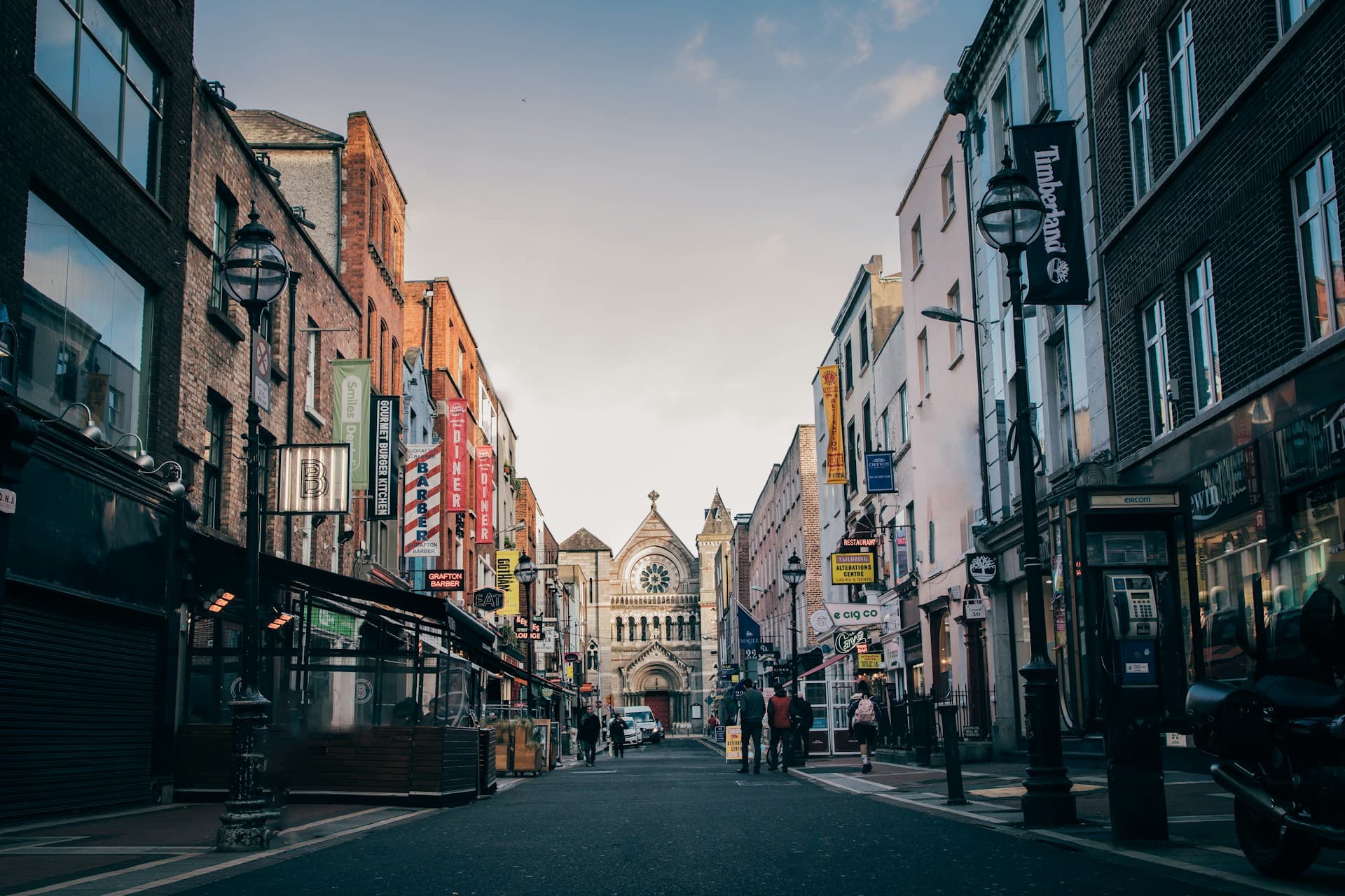Dublin street with church at sunrise