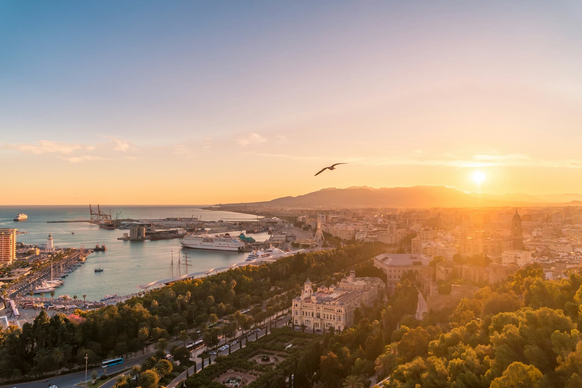 Malaga aerial city view with harbor