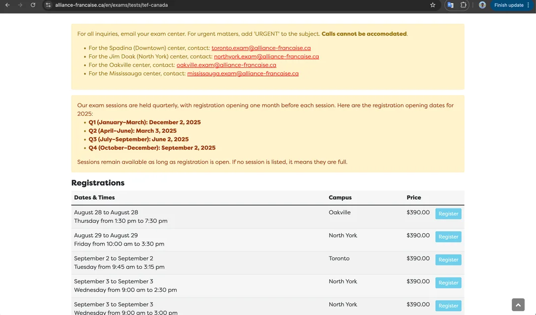 Alliance Française September Toronto TEF Exam Registration Prices